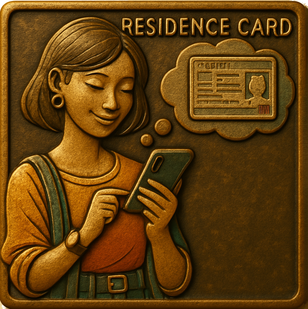 在留資格申請や在留カード手続きをサポートする行政書士業務を表したイラスト。外国人がスマートフォンで申請内容を確認している