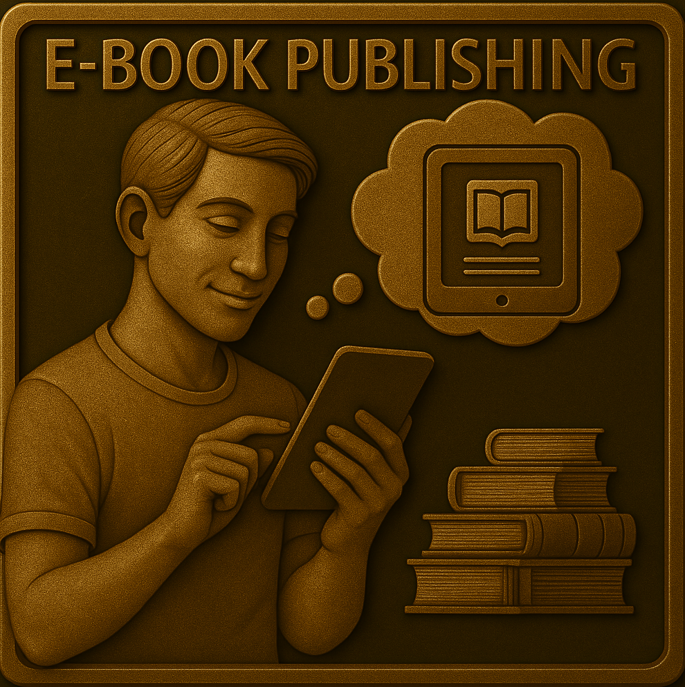 電子書籍（E-book）出版を示すアイコン。タブレット端末と本のモチーフ