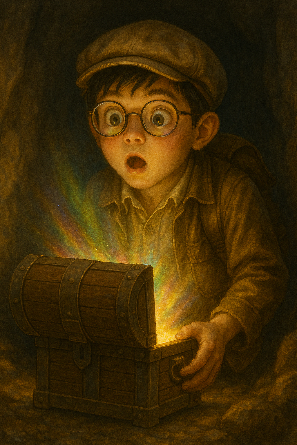 眠っていた価値を見つけ出す象徴的なイラスト。宝箱を開いた少年探検家が、新しい可能性や解決策を発見する場面を描いている
