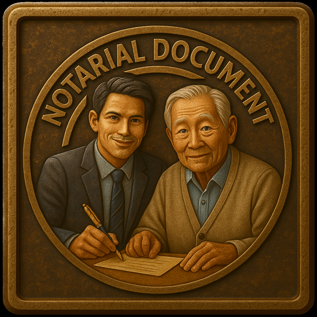 公正証書作成の様子を表現したイラスト。行政書士が高齢者に寄り添い、遺言書や任意後見契約などの公正証書作成を丁寧にサポートしている場面