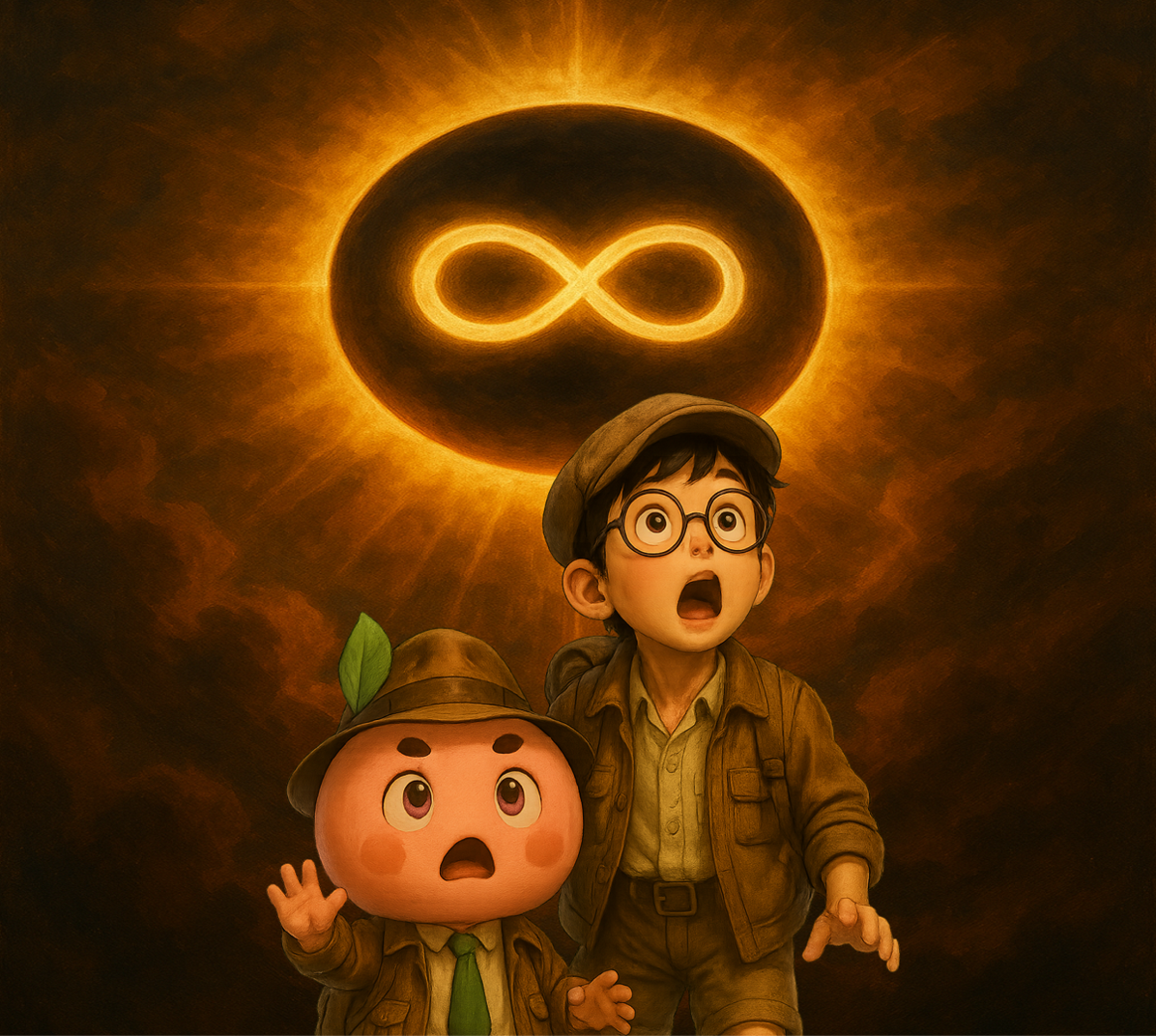 フォーチュンは合同会社の理念を象徴するビジュアル。無限大のシンボルの下で、少年探検家とマスコットが未来を見上げている