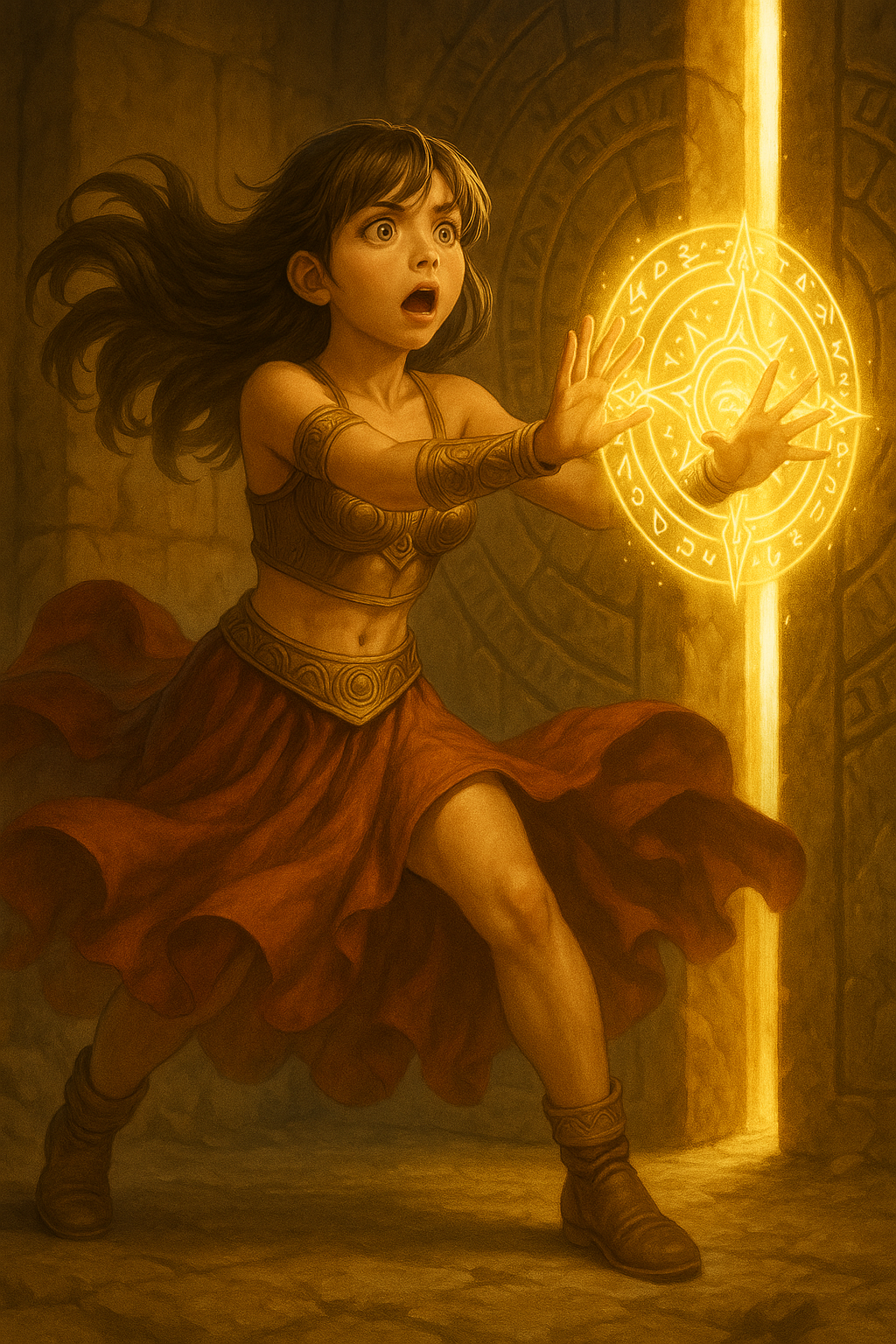 未知への挑戦を象徴するイラスト。古代遺跡で魔法の力を使い扉を開く少女が、新しい価値や可能性に踏み出す瞬間を表現している