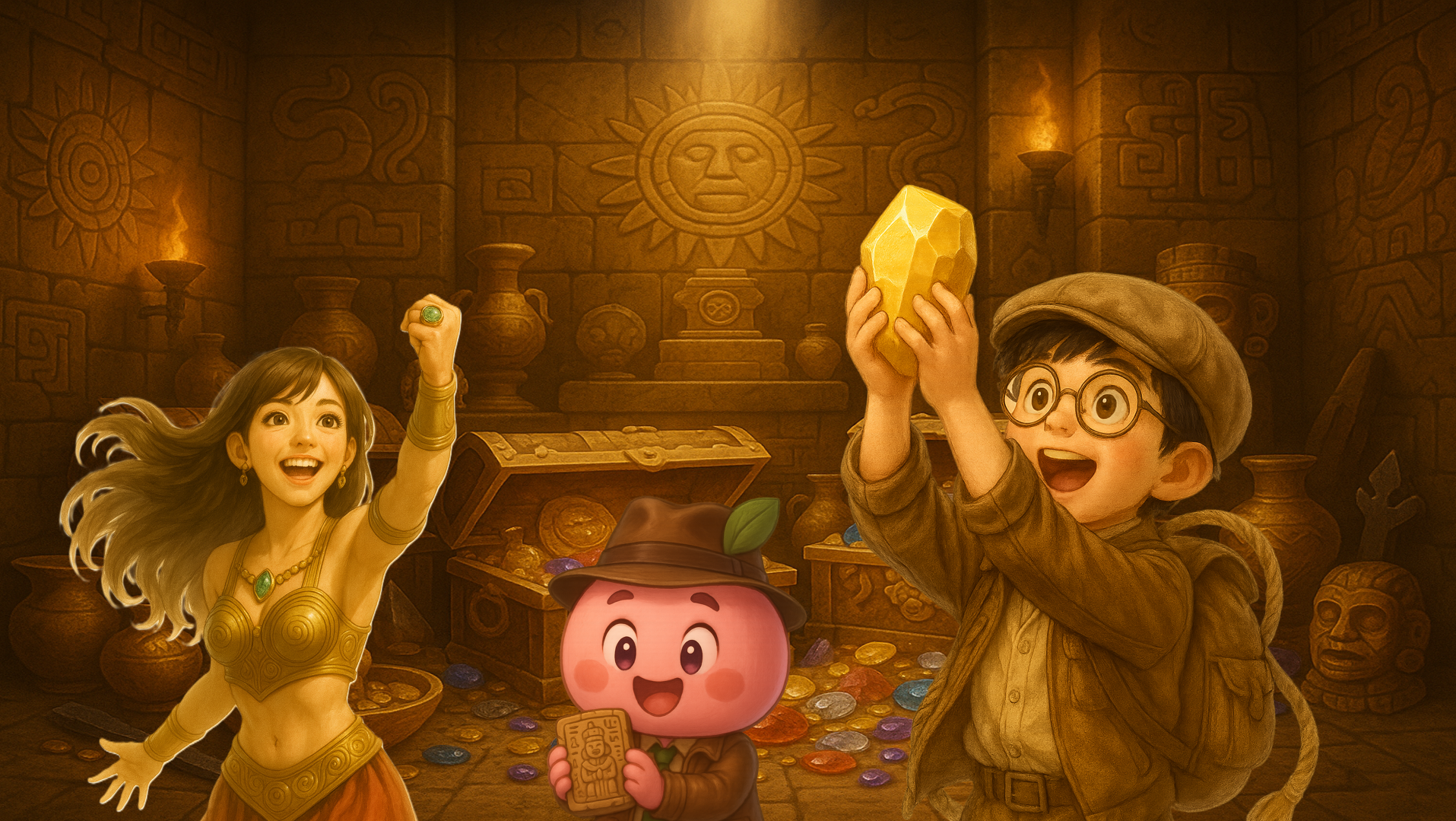 古代遺跡の宝物庫で、少年探検家と仲間たちが宝石や黄金の遺物を見つけて喜ぶ冒険的なシーン。遊び心と発見の楽しさを表現したビジュアル