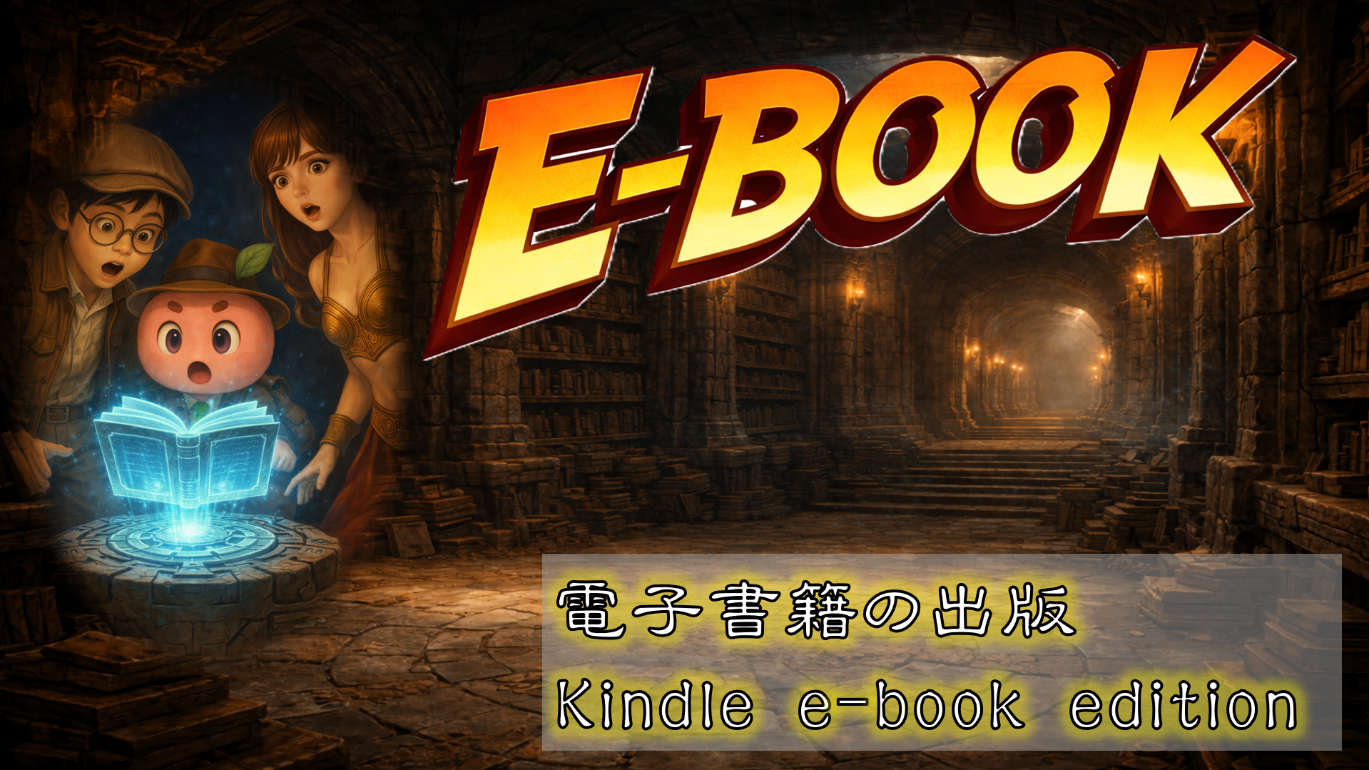 電子書籍（e-BOOK）の出版イメージ。古代の遺跡のような図書館でホログラムの本が浮かび上がり、Kindle e-book editionを象徴するファンタジーイラスト