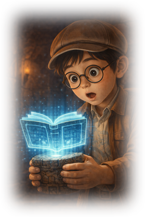 古代の遺物から現れたホログラムの本を、不思議そうに読み込む少年のイラスト。電子書籍（e-BOOK）を象徴するファンタジー表現