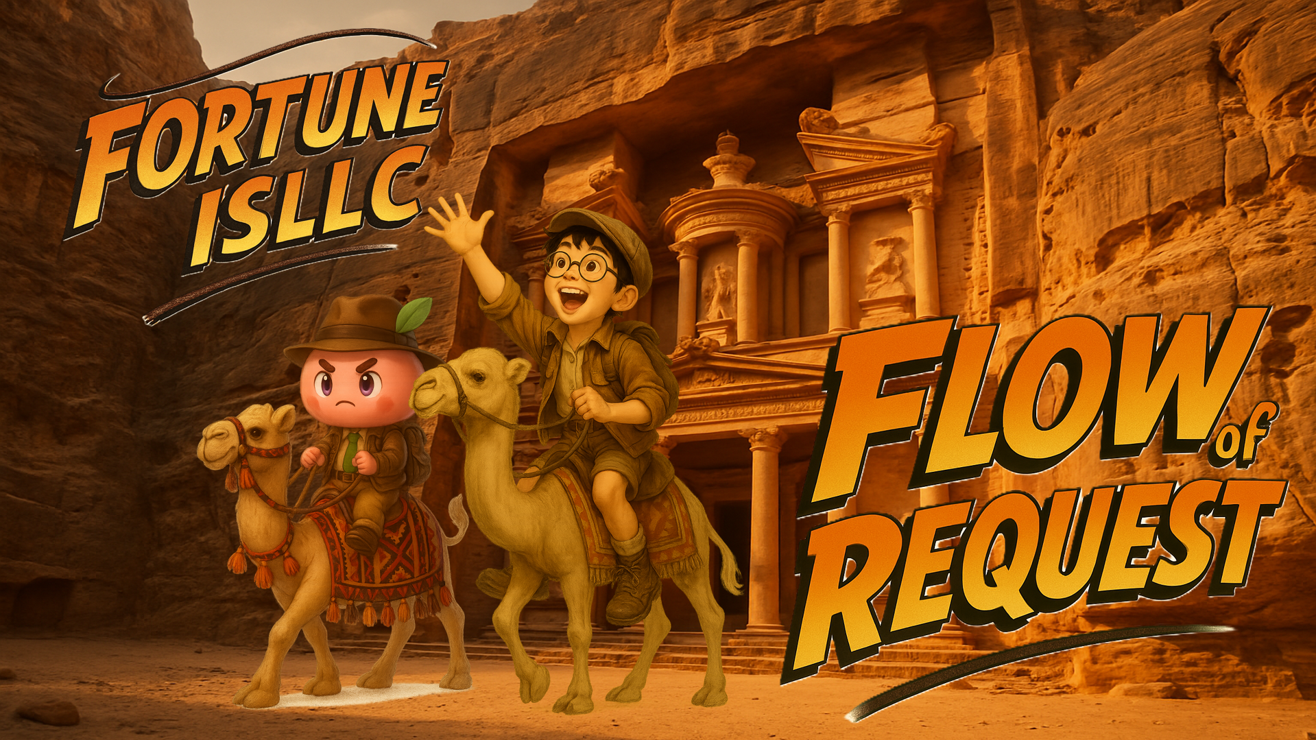 フォーチュンは合同会社のご依頼までの流れを表現したビジュアル。少年探検家とマスコットがラクダに乗り、遺跡を目指して進む冒険的なイメージ
