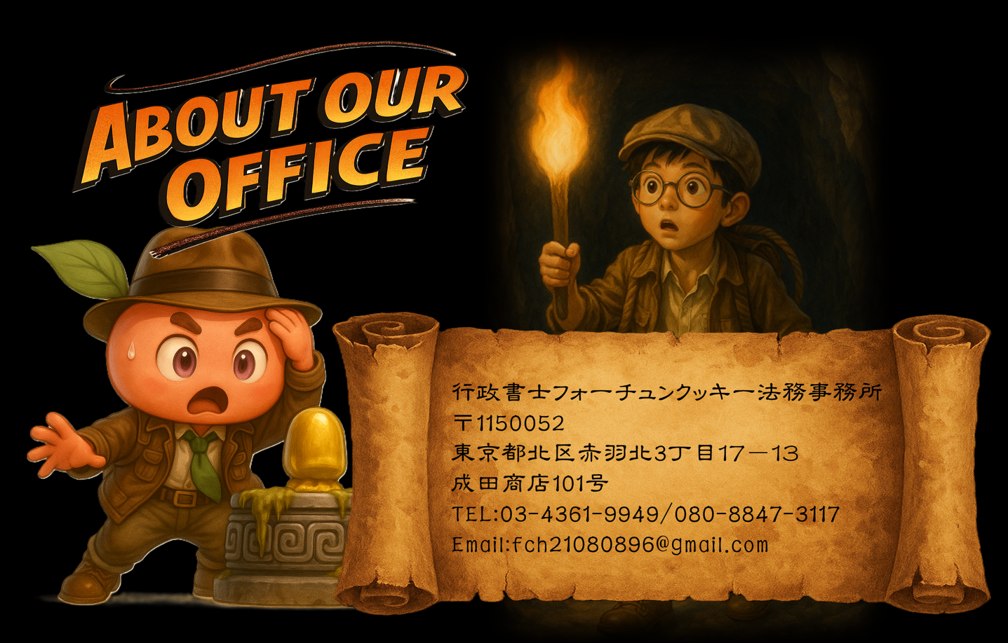 東京都北区赤羽北にある行政書士フォーチュンクッキー法務事務所の事務所案内イメージ。所在地や電話番号などの基本情報を分かりやすく掲載している