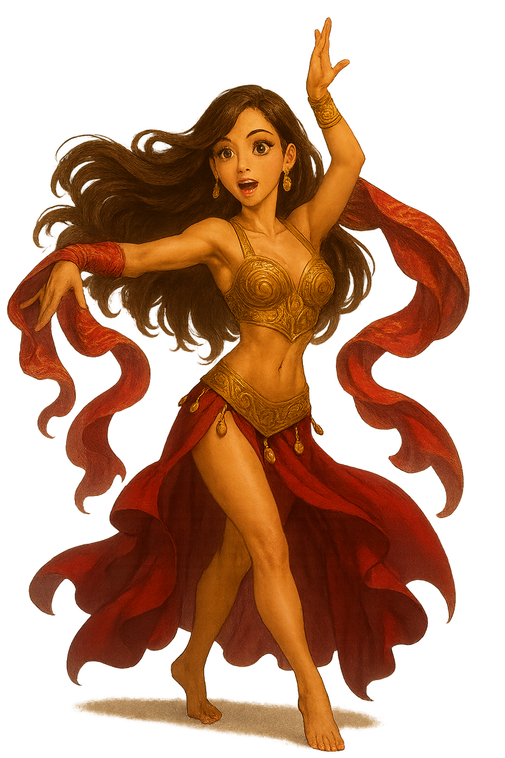 赤い衣装で舞う女性のイラスト。異文化や多様性を象徴し、日本での新しい生活や挑戦を表現している