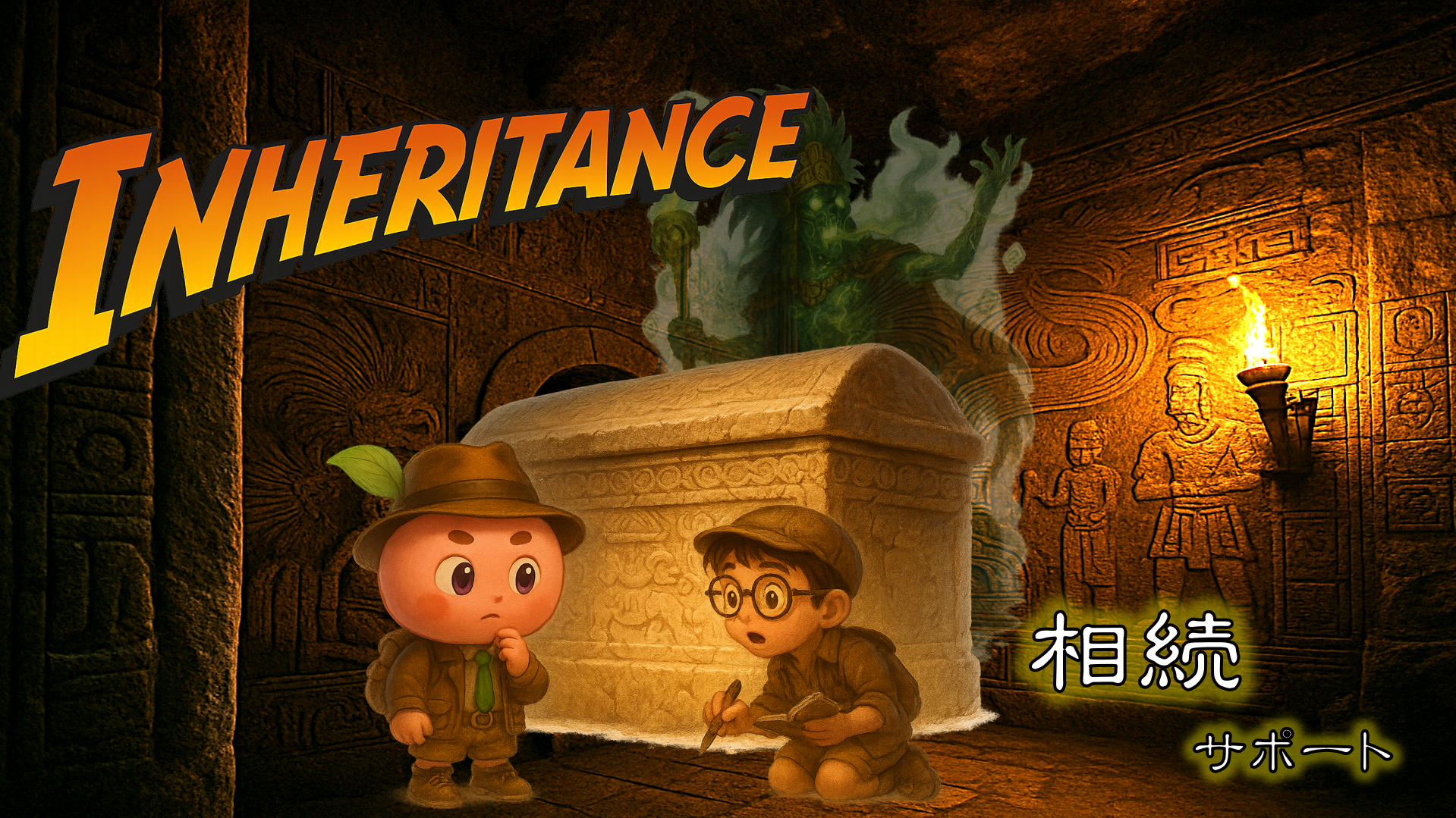 相続手続き・遺言書作成・相続相談をサポートする行政書士のイメージ。遺産を前に家族と専門家が話し合い、安心して相続を進める様子を描いた相続サポートのビジュアル