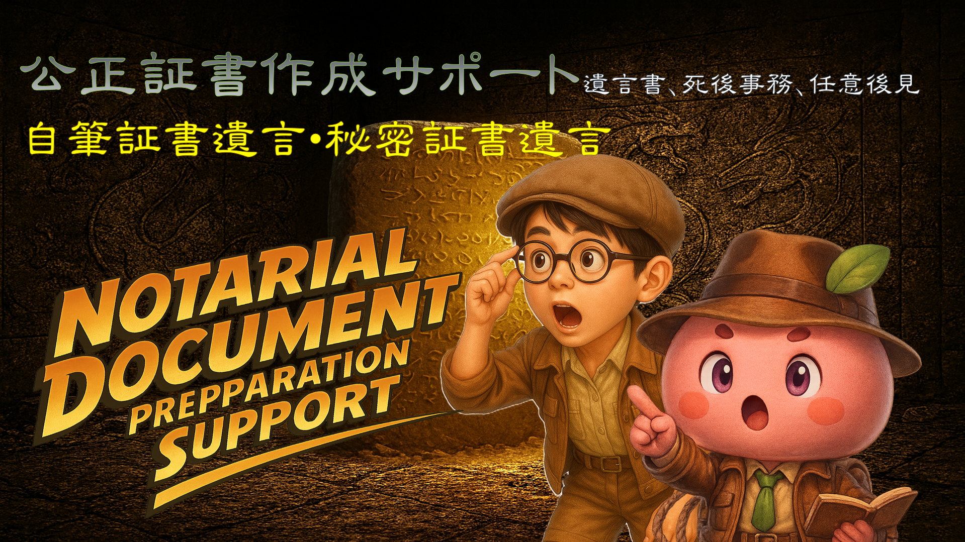 公正証書作成サポートのイメージ。公正証書遺言、死後事務委任、任意後見契約を行政書士が丁寧にサポートすることを表現したビジュアル