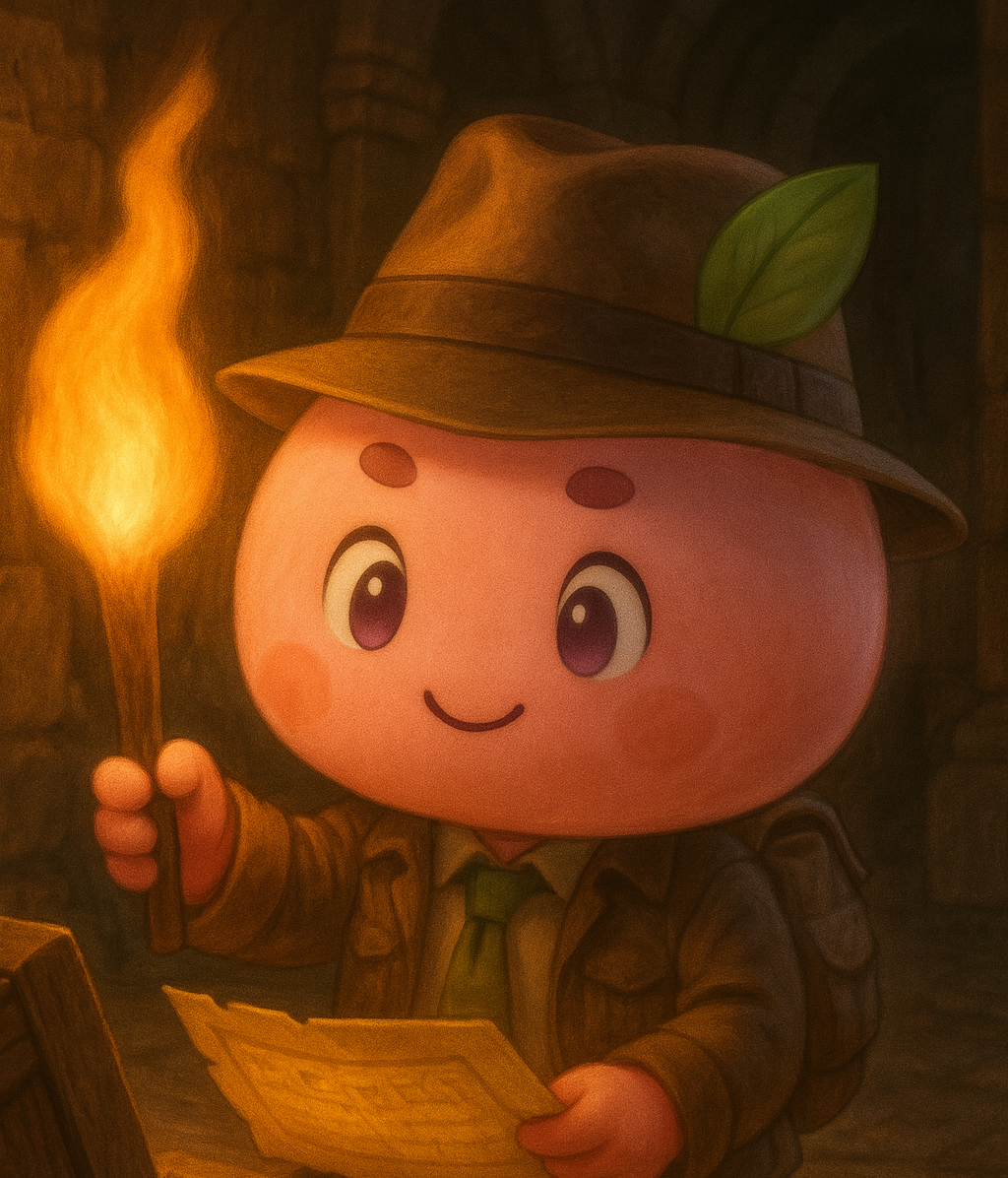 探検家風のマスコットキャラクターが松明を持ち、書類を確認しているイラスト。相続や遺言書を分かりやすく案内する行政書士サポートのイメージ